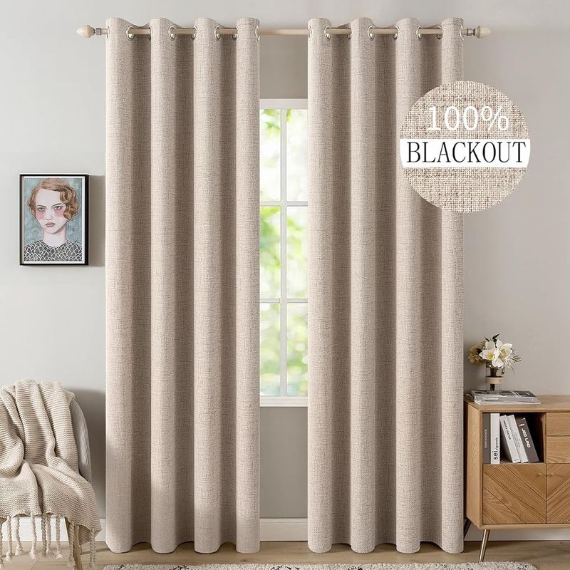 MIULEE 100% Blackout Linen Curtains 52x84 Natural Beige, 2 Panels